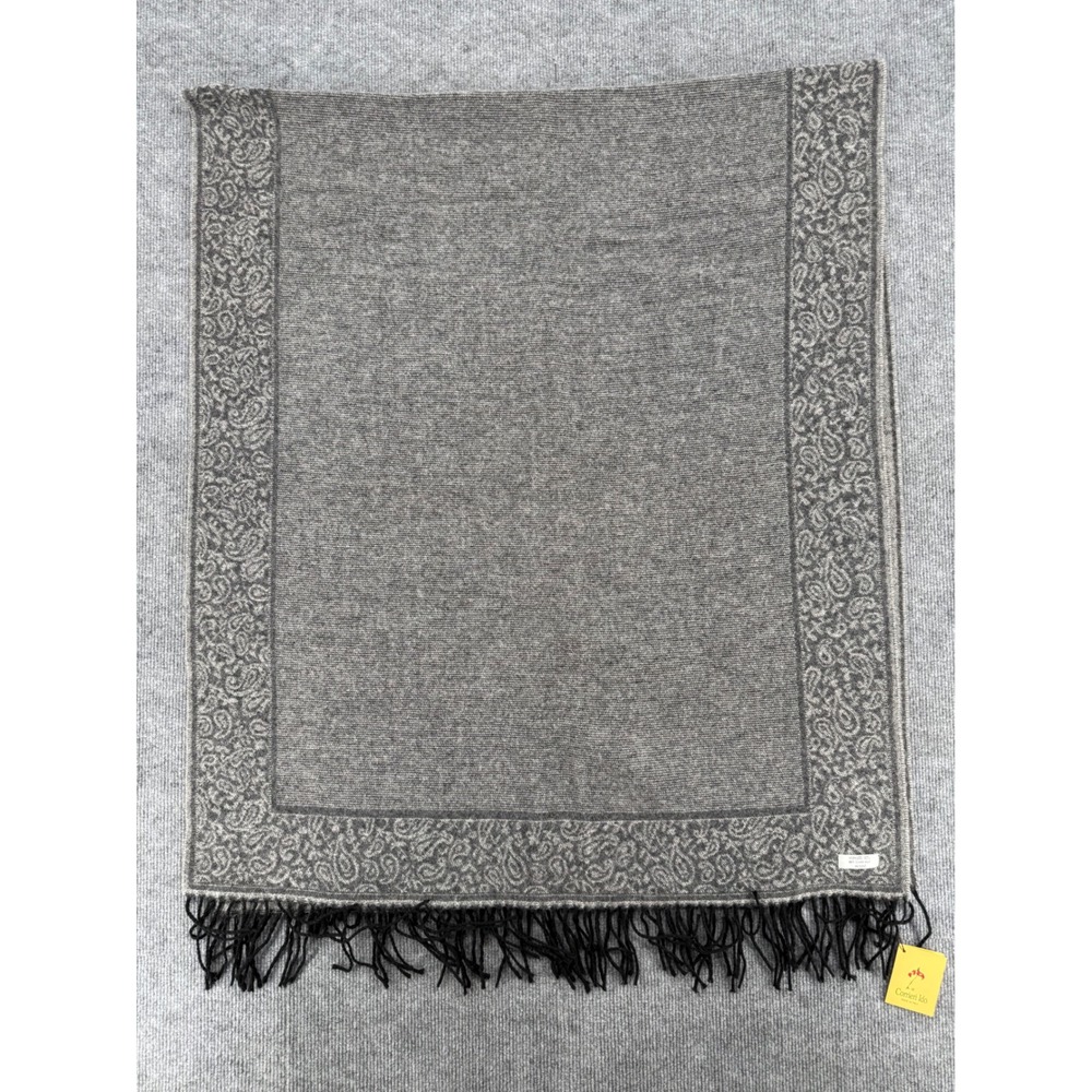 Corrieri Ido Italy 100% Wool Scarf Grey Paisley Border Fringe RN75343 NWT